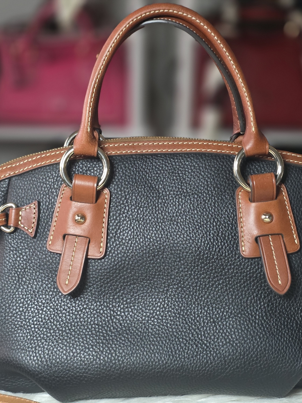 Dooney & Bourke Black Pebbled Leather Satchel with Brown Trim - Picture 2 of 7